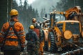 Team of professional loggers with equipment in a forest Royalty Free Stock Photo