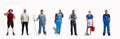 Art collage of men and women in image of vet, smith, cook, farmer, cleaner and auto mechanic standing together isolated