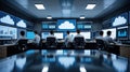 Team of professionals working in a high-tech control room with multiple cloud computing screens