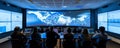 Team of Professionals Monitoring Global Data on Large Screens in a Modern Control Room