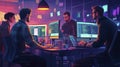 Pixel Art Depiction of Programmers Working Late in a Vibrant Office