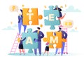 Vector illustration business teamwork concept. Flat people characters with pieces of puzzle Royalty Free Stock Photo