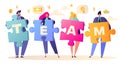 Vector illustration business teamwork concept. Flat people characters with pieces of puzzle.