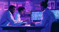 A team of researchers confer over a computer screen analyzing data and brainstorming new ways to improve the production Royalty Free Stock Photo