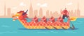 Team Rowing Dragon Boat on Cityscape Background, Kayaking Sports Competition. People in Canoe during Chinese Festival Royalty Free Stock Photo