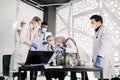 Team of scientists doctors biochemists working with microscope, doing research scientific experiments in laboratory Royalty Free Stock Photo