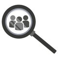 Team search icon. Look at people under a magnifying glass