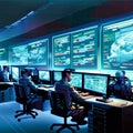 Team of security guards in surveillance room with computers and monitors. 3d rendering AI Generated