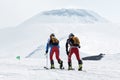 Team ski mountaineers climb the Avachinsky Volcano on skis. Team Race ski mountaineering. Russia, Kamchatka