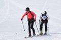 Team ski mountaineers climb on mountain on skis strapped to climbing skins