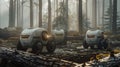 A team of small autonomous robots collaborating to gather and transport timber to a centralized location for processing