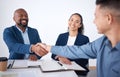 Team of smiling diverse business people shaking hands in office after meeting in boardroom. Group of happy professionals Royalty Free Stock Photo