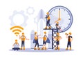 A team of specialists is building a rocket. Startup concept. Teamwork research and development. Web banner design template vector