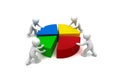 Team of stick figures assembling colorful pie chart sections Royalty Free Stock Photo