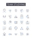 Team studying line icons collection. Collective learning, Partner brainstorming, Shared reading, Group analyzing