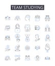 Team studying line icons collection. Collective learning, Partner brainstorming, Shared reading, Group analyzing