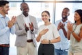 Team success, company clapping and happy woman employee smile at a office. Portrait of a person from Spain feeling