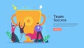 Team success with trophy cup. winning teamwork concept. Together achievement with people character for web landing page template,