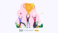 Team success with trophy cup. winning teamwork concept. Together achievement with people character for web landing page template,