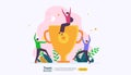 Team success with trophy cup. winning teamwork concept. Together achievement with people character for web landing page template,