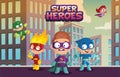 Team of super hero kids, funny boys and girls characters in colorful superhero costumes cartoon vector Illustration on Royalty Free Stock Photo