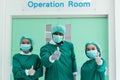 A team of surgeons in the operating room . A team of doctors standing in a hospital. Group of doctors wearing masks in front of th Royalty Free Stock Photo