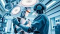 Team of surgeons working in operating room. Group of surgeons in operating room with robot. Royalty Free Stock Photo