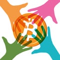 Team symbol with bitcoin. Happy colorful hands reach for a crypt