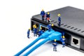 Team of technicians connecting network cable Royalty Free Stock Photo