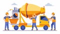 A team of technicians is working on a large cement mixer replacing the mixing blades and fixing any leaks to ensure
