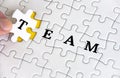 Team text on white jigsaw puzzle. Business and teamwork concept