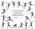 Thai or Japanese girls playing women\'s handball in blue T-shirts in various poses training, running, jumping, throwing th