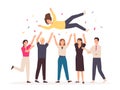 Team throwing person in air. Celebrate win and business success congratulation. Friends toss up woman at party with confetti