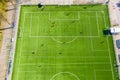 Team training soccer football session on the green pitch of a football stadium, kicking and passing soccer ball. Professional