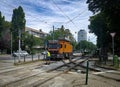 A team of transport infrastructure workers carry out a major overhaul of a tram line in Budapest