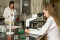 Team of two female laboratory technicians working in chemical or pharmaceutical laboratory Royalty Free Stock Photo
