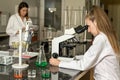 Team of two female laboratory technicians working in chemical or pharmaceutical laboratory