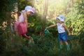 A team of two little gardeners watering strawberry