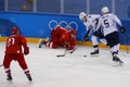 Team United States in action against Team Olympic Athlete from Russia Men`s ice hockey preliminary round game at 2018 Olympics Royalty Free Stock Photo