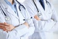 Team of unknown doctors standing straight with arms crossed in hospital. Physicians ready to help. Healthcare, insurance Royalty Free Stock Photo