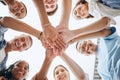 Team, vision and hands in support of team building activity with diverse colleagues having fun outdoors. Goal, mission Royalty Free Stock Photo