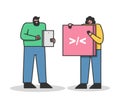 Team of web designers coding new website or application project. Cartoons hold programming symbols Royalty Free Stock Photo