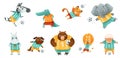 Team of wild animals playing soccer. Cute lion, zebra, cat, elephant, dog, sheep, bear, crocodile football mascots in Royalty Free Stock Photo