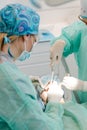 A team of women formed by a dentist and her assistant intervene with a patient in the clinic