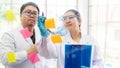 Team work asian woman and man Scientists analyzing study data and evaluating microscope success for work shop Royalty Free Stock Photo