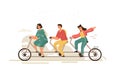 Team work bike. Cartoon businessman characters on three-person bike, team building and cooperation concept. Vector