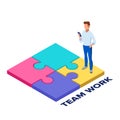 Team work concept. Collect a puzzle. Concept for infographics, web banner. Flat isometric vector illustration. Royalty Free Stock Photo