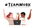 Team Work concept illustration. Two young woman doing and completing project tasks together using a laptop
