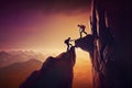 Team work, life goals and self improvement concept. Man helping his female climbing partner up a steep edge of a mountain Royalty Free Stock Photo