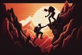 Team work, life goals and self improvement concept. Man helping his female climbing partner up a steep edge of a mountain Royalty Free Stock Photo